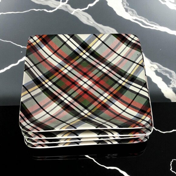 Set Of 4 Pottery Barn Denver Red Plaid Appetizer Plates Square 5.75” Stoneware - Picture 10 of 14